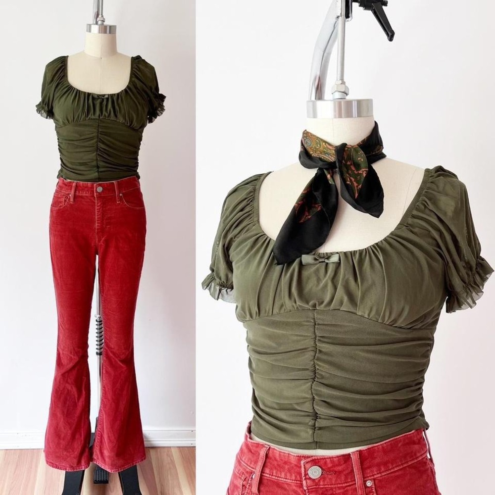 Mesh Ruched Babydoll Top In Olive Green‎ Milkmaid Square Neck Fairy